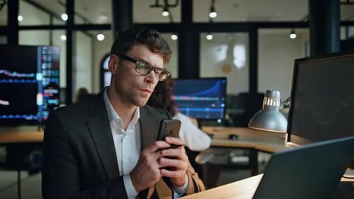 Finance Manager Looking Computer Overwork in Office Focused Stock Trader Work