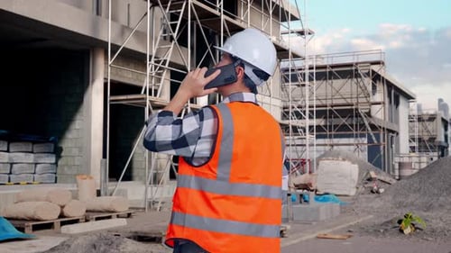 Back View Of Asian Male Engineer Talking On Smartphone At Building Site