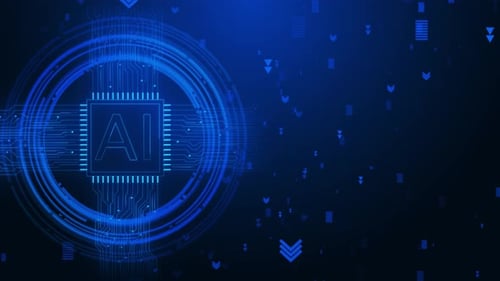Digital Computer AI Chip CPU Futuristic Motherboard Data Moving on Circuit Board Background
