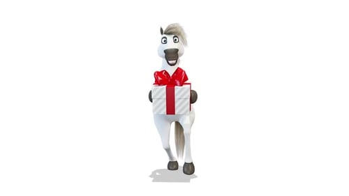 Pferd tanzt mit einem Geschenk um ihn herum auf weißem Hintergrund