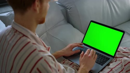 Guy Talking Chroma Key Laptop on Weekend Closeup. Businessman Have Virtual Call