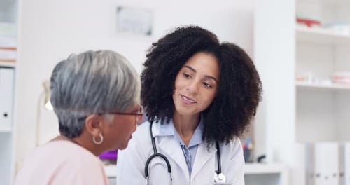 Senior woman, doctor tablet and medical consulting in hospital office with communication