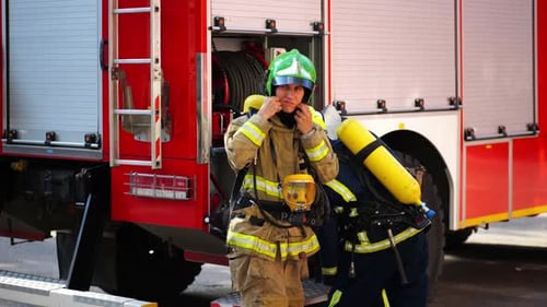Firefighters Dressed in Safety Gear Next to Firetruck