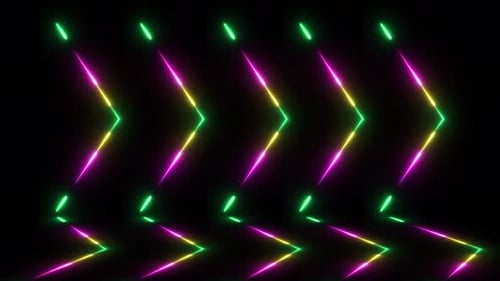 Neonpfeile kleben mit Reflexionseffekt und blinken auf schwarzem Hintergrund. Richtung des leuchtenden Neonpfeils