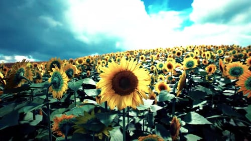 Ein lebendiges Sonnenblumenfeld unter strahlend blauem Himmel im Spätsommer