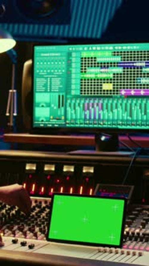 Vertikaler Video-Audiotechniker, der mit Musikaufzeichnungssoftware arbeitet und Melodien bearbeitet