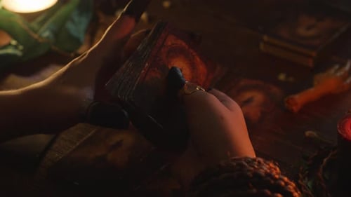 Hands Shuffling Tarot Cards on Wooden Table