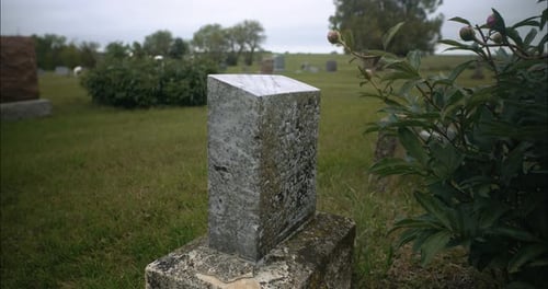 Tombstone on grave in cemetery.