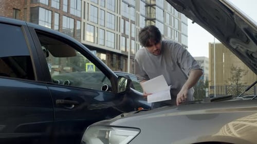 Man Inspecting Car Damage After Auto Accident