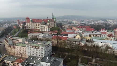 Majestic Aerial View of Historic Wawel Castle and Krakow's Old Town, Poland