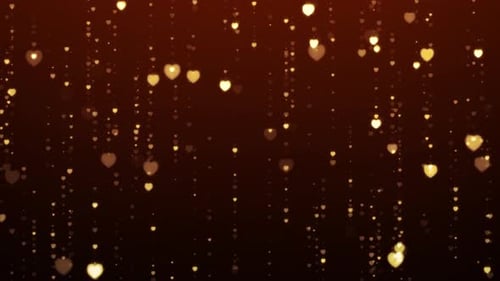 Corações dourados brilhantes, partículas caindo