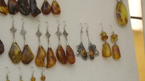 amber jewelry, earrings exhibited at the craft market