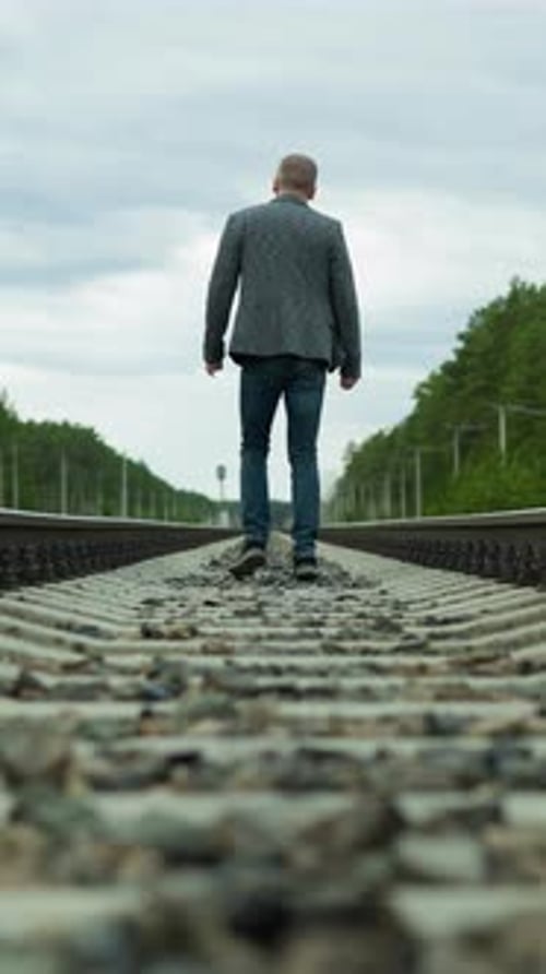 Man Walking Down Railroad Tracks Away From Camera