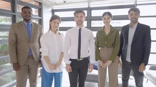 Portrait of business man and woman with multiethnic and they stand with arm-crossed