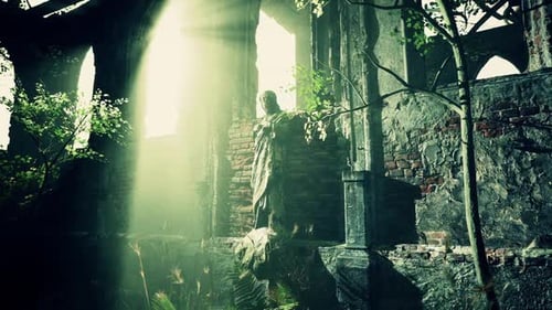 Sunlit Statue in Ancient Monastery Ruin