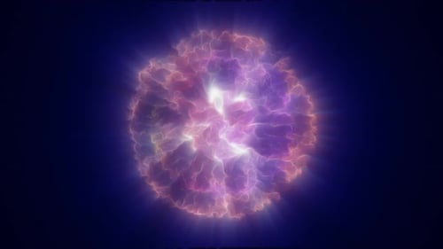 Multicolored energy glowing sphere futuristic atom from electric particles and energy waves