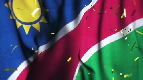 Waving National Flag with Falling Golden Confetti