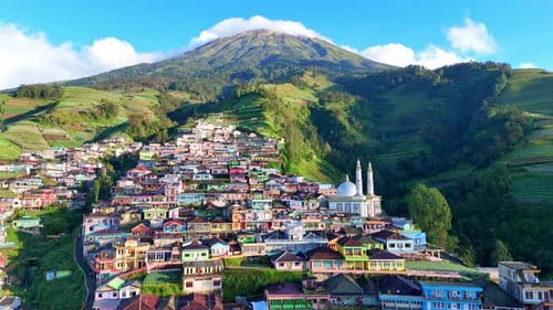Aerial view of Nepal van Java village nestled on the lush slopes of Mount Sumbing, Indonesia.