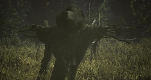 Mysterious Scarecrow Standing in Dense Foggy Forest During Twilight Hours