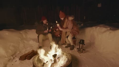 Parents and Son Roasting Marshmallows on Campfire on Winter Night