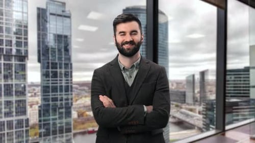 Businessman Smiling Male Ambitious Leader Posing at Modern Office Window Skyscraper City Downtown