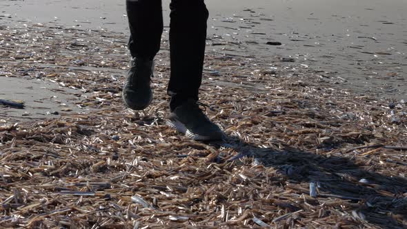 Legs Of A Man Walking On The Pile Of Empty Razor Clams Shells On The ...