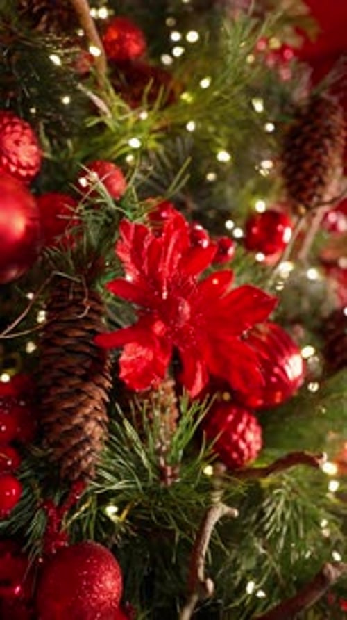 Christmas Tree Decorations with Red Ornaments and Lights