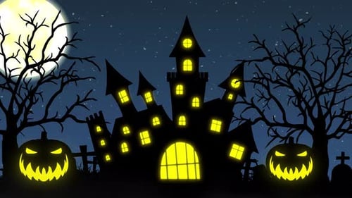 Halloween Background Animation with the Concept of Haunted Castle Moon and Spooky Trees