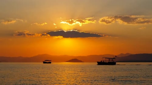 Nightfall Lake with Sailing Fishing Vessel
