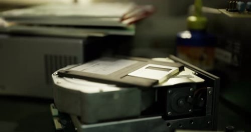 Old Floppy Disk Placed on a Classic Hard Drive in a Tech Workspace