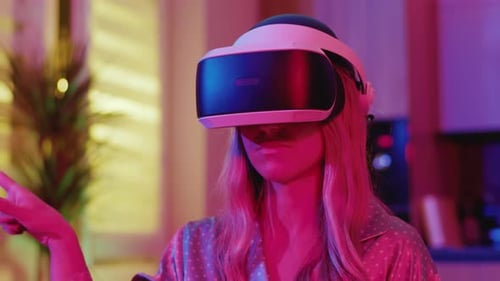 Woman with VR Headset Interacting with Virtual Reality