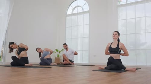 Group Yoga Class in a Bright Studio Practicing Twisting Poses
