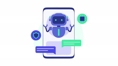 Animated AI Chatbot Assistant on Smartphone Screen in Flat Design