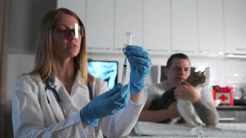 Woman doctor prepare medicine for injection into a syringe in a veterinarian's office