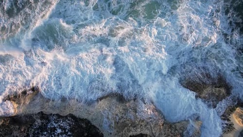 Aerial view of waves crashing on rocks, Bulgaria.