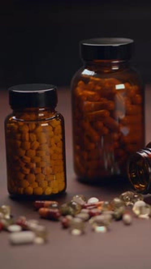 A Variety of Assorted Dietary Supplements in Amber Bottles Featuring Capsules on a Table