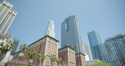 US Bank Tower and other buildings seen from Pershing Square, Downtown Los Angeles, California, US