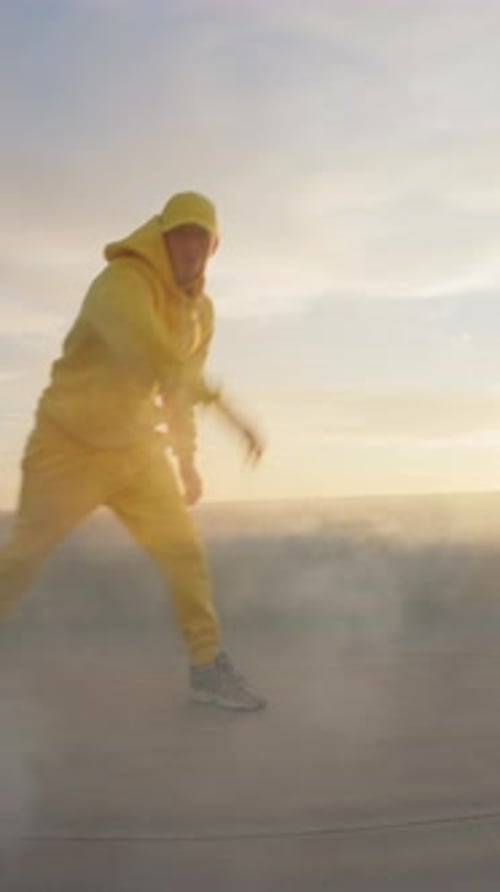 Handsome Stylish Hip Hop Guy Dancing Street Breakdance in Smoke on the Rooftop Talented Active Bboy