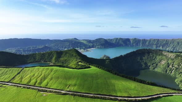 Aerial dolly riser reveals stunning volcanic caldera with lakes at Sete ...