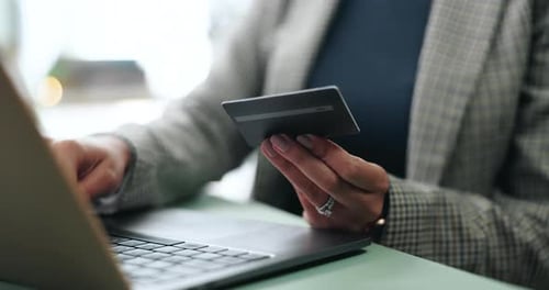 Closeup, hands and banking with laptop for credit card, online shopping and transaction for payment