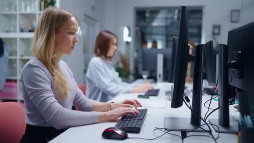 Emancipation And Feminism Women Working In Office Panoramic Shot In Office Of WebDesign Company