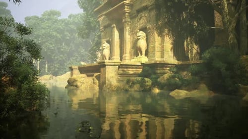 Mit Steinstatuen geschmückter Säulentempel mit Blick auf reflektierendes Wasser