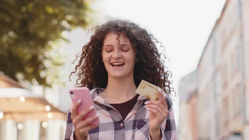 Lovely Woman Using Credit Bank Card Smartphone While Transferring Money Purchases Online Shopping