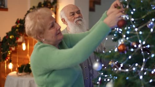 Loving Senior Couple Decorating Christmas Tree Together