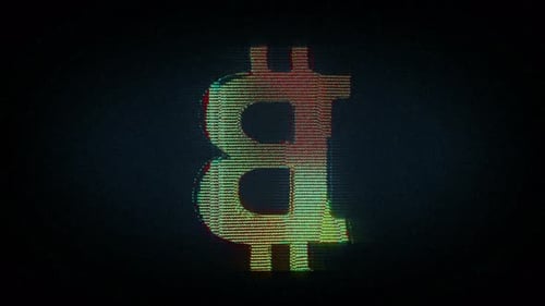 Bitcoin-Blockchain-Kryptowährungssymbol mit Geräuschpannen im Retro-Stil