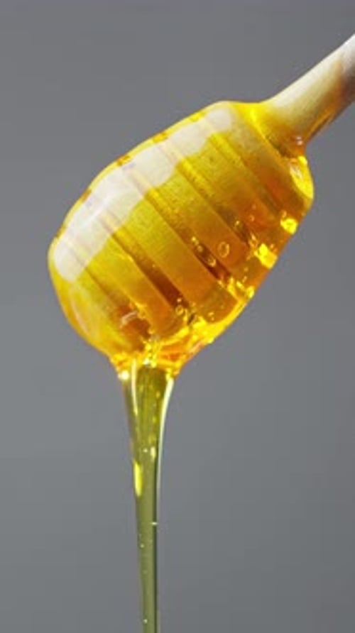 Golden Honey Dripping from Wooden Dipper