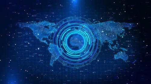 Global Digital World Map with HUD Interface Elements World Map Overlayed Circular HUD Interface