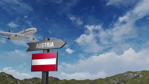 Airplane Flying Past Austria Country Destination Signpost