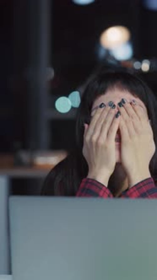 Cheerfull Emotional Young Woman Engaged in Business Working Late at Office Reading News Celebrating