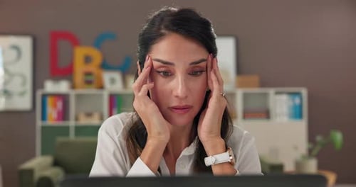 Tired, woman and teacher with headache on laptop for workload pressure, burnout and lesson mistake